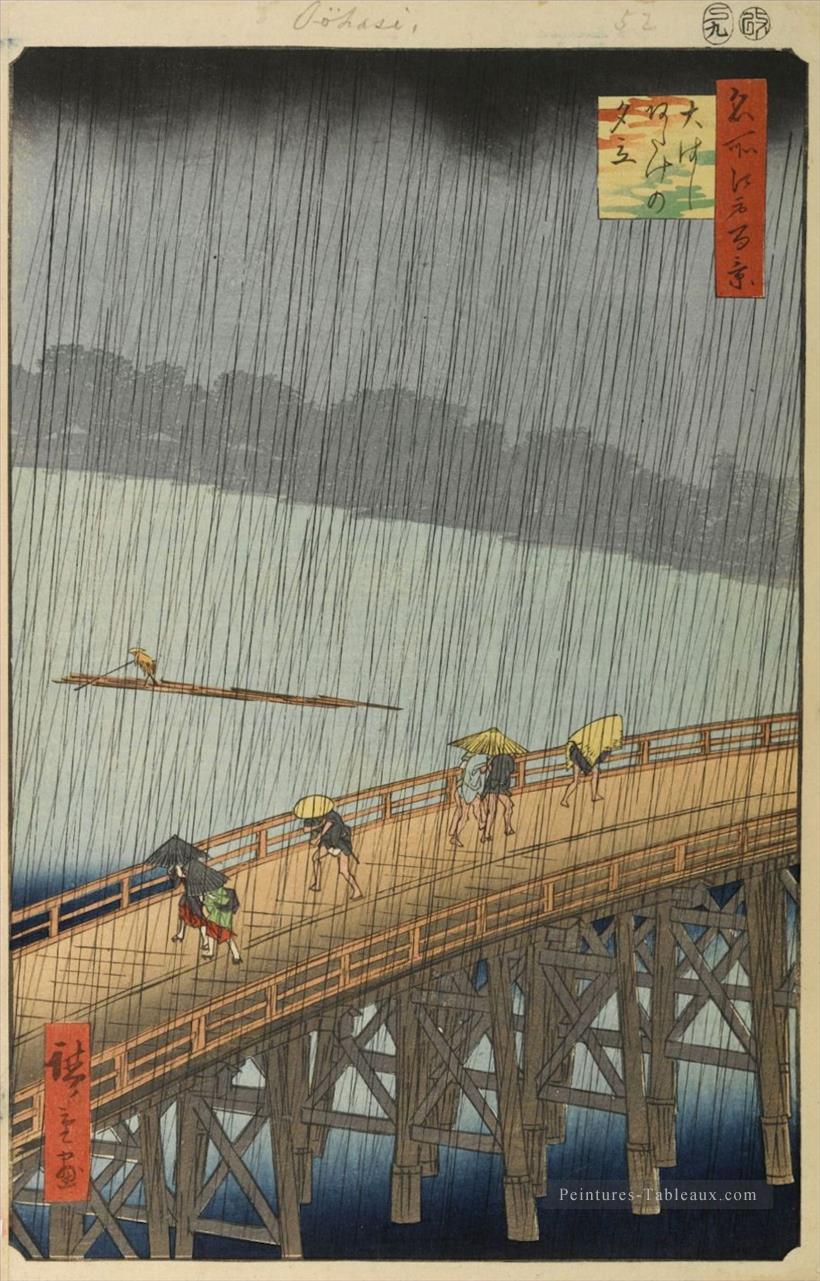 douche soudaine sur le pont Shin Ohashi à atake de 100 vues de Edo Utagawa Hiroshige ukiyoe Peintures à l'huile